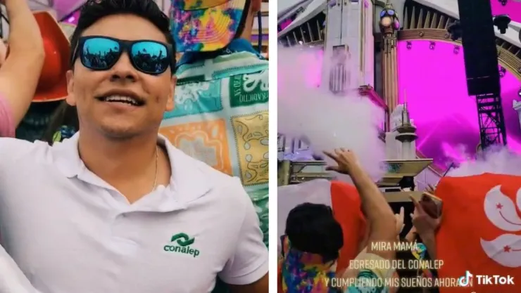 Del Conalep a Tomorrowland: Un joven presume con orgullo su uniforme escolar durante el festival y por el mundo.