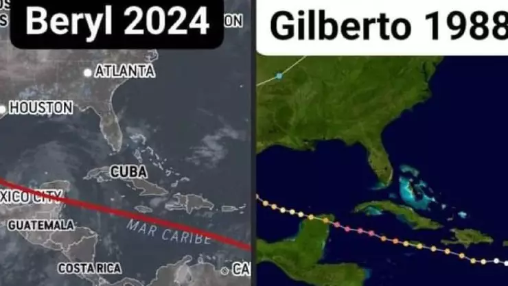 Comparan trayectoria del huracán Gilberto con la del huracán Beryl que amenaza a la Península de Yucatá