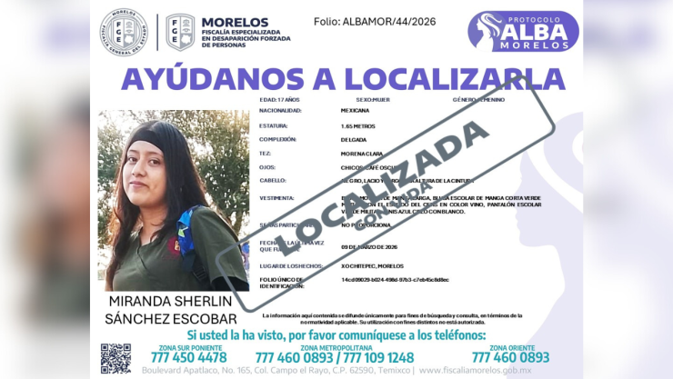 Localizan a estudiante desaparecida en Morelos