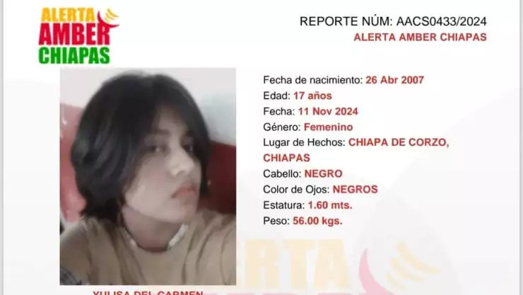 ALERTA AMBER CHIAPAS: Yulisa del Carmen fue vista por última vez en Chiapa de Corzo, Chiapas