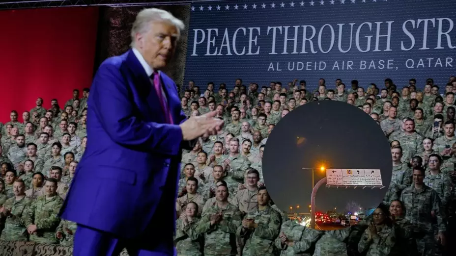 Donald Trump frente a un grupo de militares en la base aérea de Al Udeid en Qatar.