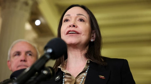 La líder opositora venezolana María Corina Machado habla durante una conferencia de prensa en el Capitolio, en Washington, DC, EE. UU., el 20 de enero de 2026