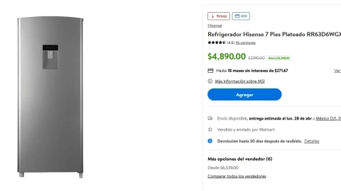 La Hisense de 7 pies es uno de los refrigeradores en oferta que tiene Walmart en su tienda