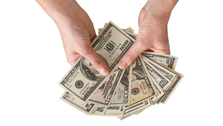 Una persona sostiene un abanico de billetes de dólares.