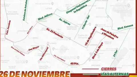 cierres viales en Puebla el domingo 26 de noviembre de 2023