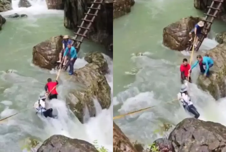 VIDEO: ¡FUERTES IMÁGENES! Pareja muere ahogada al intentar cruzar una cascada