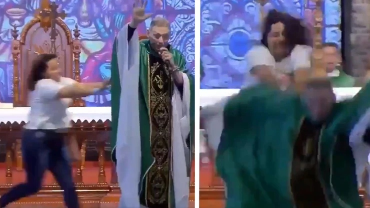 Mujer empuja a sacerdote