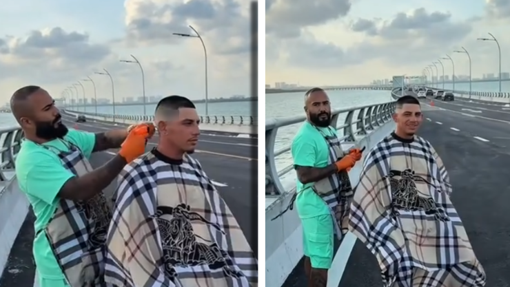 VIDEO_ Barbero estrena ‘a su manera’ el Puente Nichupté de Cancún; corta el cabello de un cliente en plena vía.webp