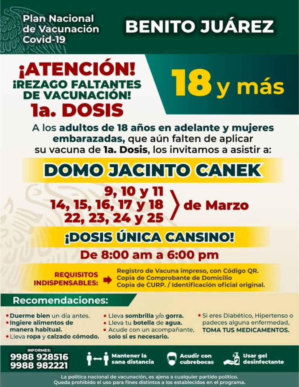 Anuncian jornada de vacunación para rezagados en Cancún