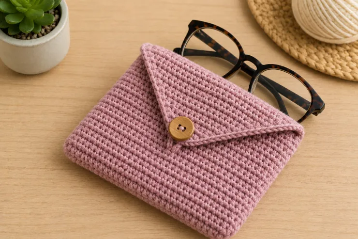 Funda para lente de crochet con solapa y botón