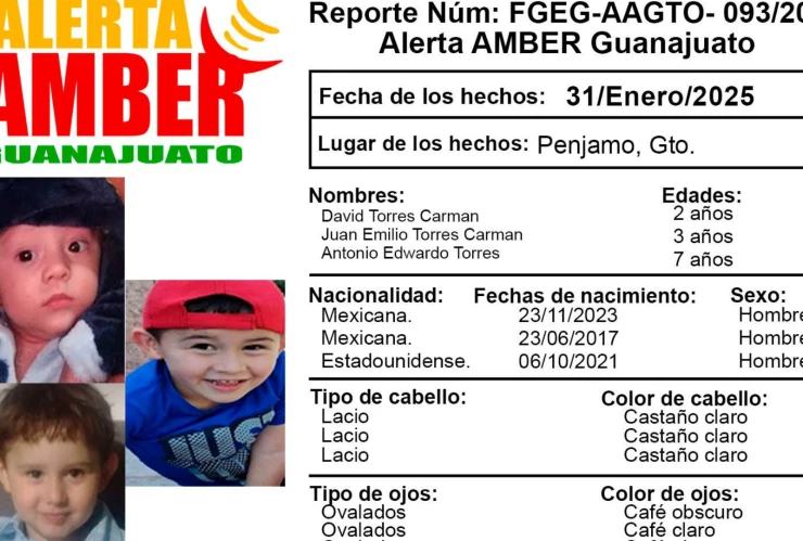 Alerta Amber Guanajuato de los niños David Torres Carman, Juan Emilio Torres Carman y Antonio Edwardo Torres, en Pénjamo, Guanajuato.png