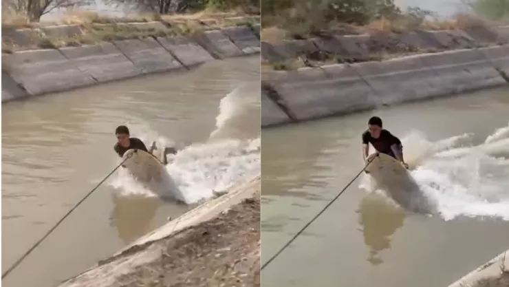 Joven es captado “surfeando” en canal de riego de La Laguna