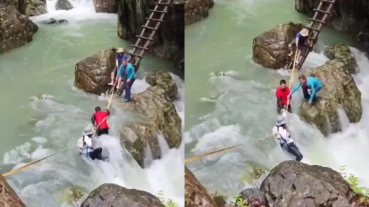 VIDEO: ¡FUERTES IMÁGENES! Pareja muere ahogada al intentar cruzar una cascada
