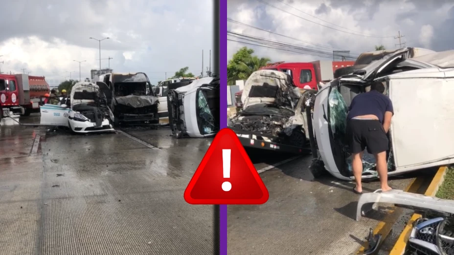 Grave accidente en el Boulevard Colosio de Cancún_ Vehículos protagonizan volcadura, incendio y tráfico este 30 de noviembre de 2025.webp