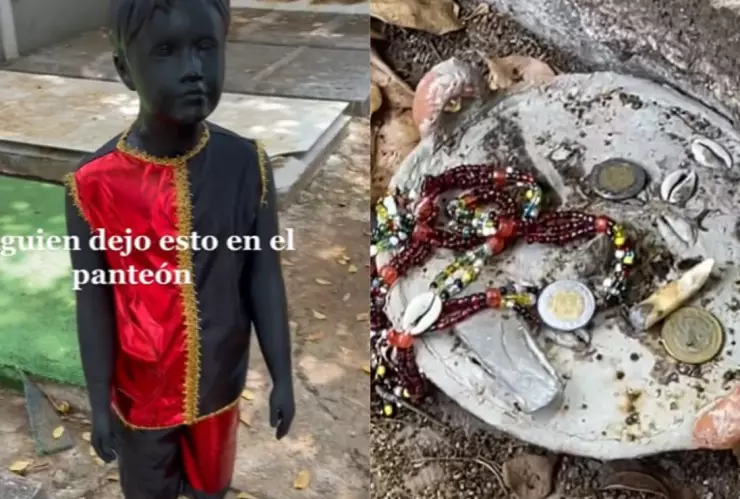 VIDEO Dejan brujería en panteón y mujer agarra dinero de la ofrenda