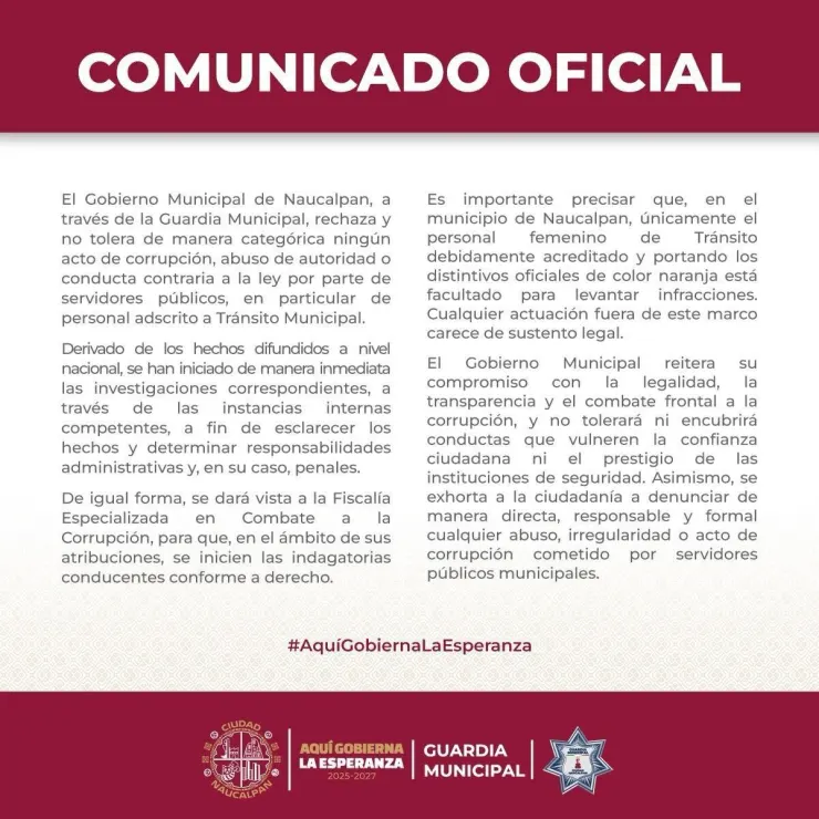 Comunicado de Naucalpan tras policías extorsionadores