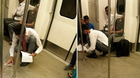 Hombre limpia transporte público.