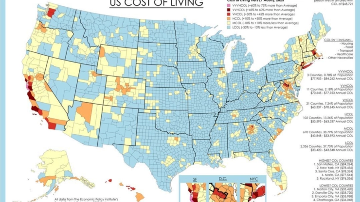 El mapa de Estados Unidos que muestra los costo de vida