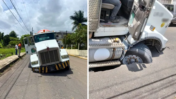 El colapso del pavimento dejó atrapado un camión revolvedor en la colonia Los Encinos