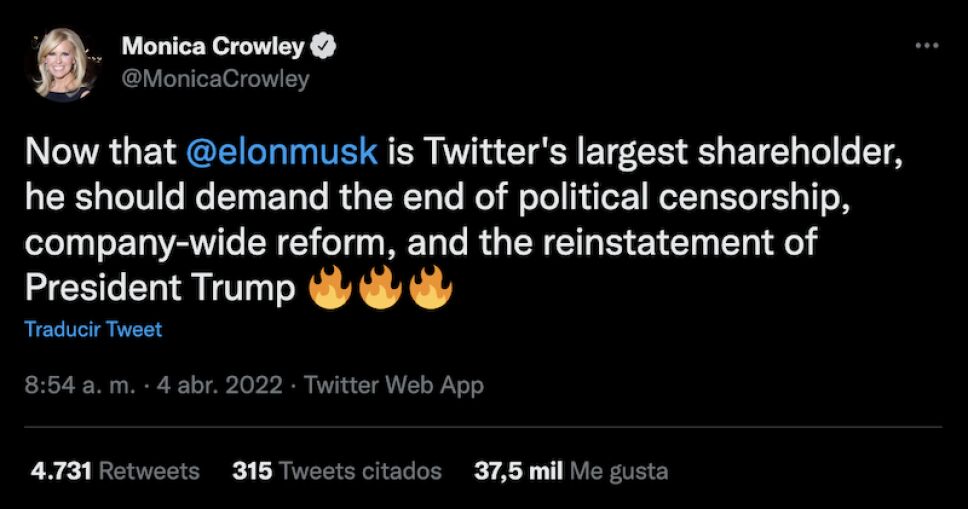 tuit monica crowley elon musk donald trump