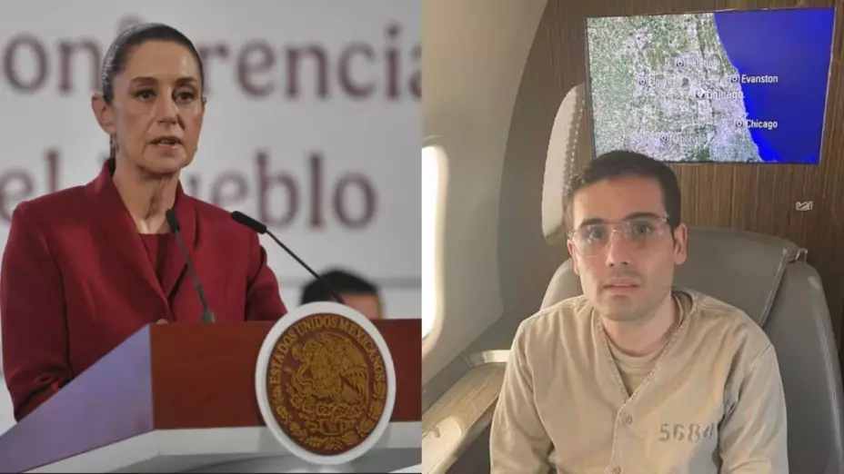Sheinbaum durante conferencia matutina y ovidio guzman tras ser detenido