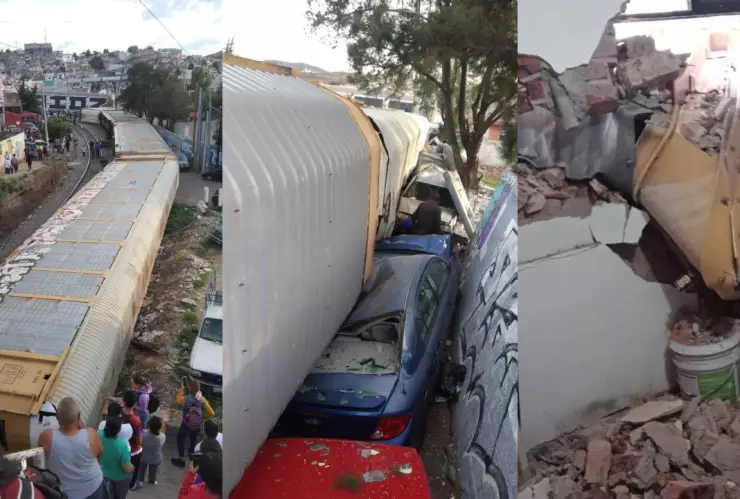 ¡De película! Tren se descarrila en Zacatecas y causa daños a escuela, vivienda y autos