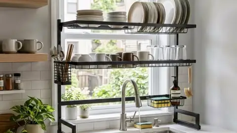 Escurridor de platos de aluminio tipo organizador funcional.