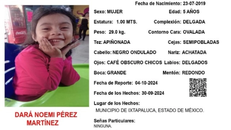 ALERTA AMBER: Dara Noemí Pérez Martínez desapareció en el Estado de México