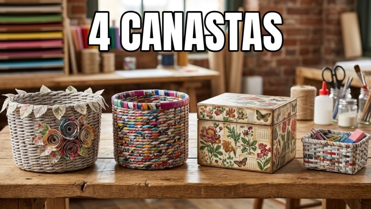 4 ideas decoupage DIY con papel reciclado para hacer canastas bonitas