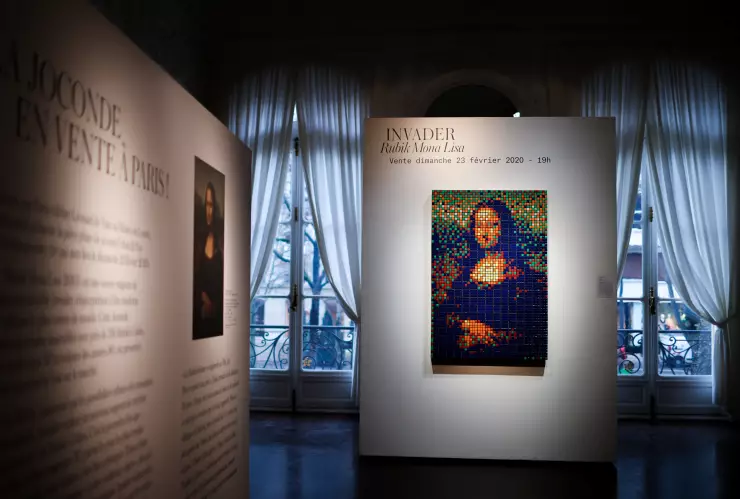 The Rubik Mona Lisa (2005) by French street artist Invader is displayed at ArtCurial in Paris