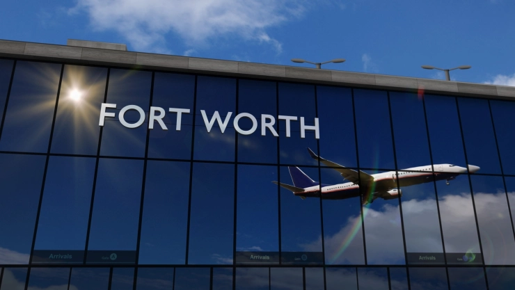 Avión se refleja en los ventanales del aeropuerto de Dallas Fort Worth