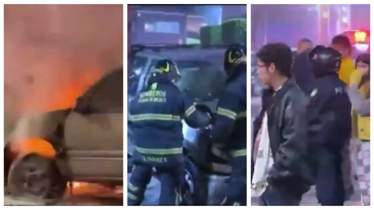 Mientras Dormía: ¡Caos en la Cuauhtémoc! Corto circuito y fuga de gasolina provocan grave incendio. En la imagen, dividida por tres bloques, se observa el vehículo en llamas, el auxilio de los bomberos y los vecinos soprendidos.