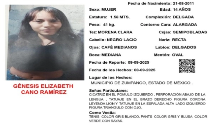 Génesis Cano Ramírez y Ricardo Medina Lozada desaparecieron en el Edomex; ante la urgencia de local. En la imagen se observa la ficha de búsqueda de Génesis Elizabeth Cano Ramírez.