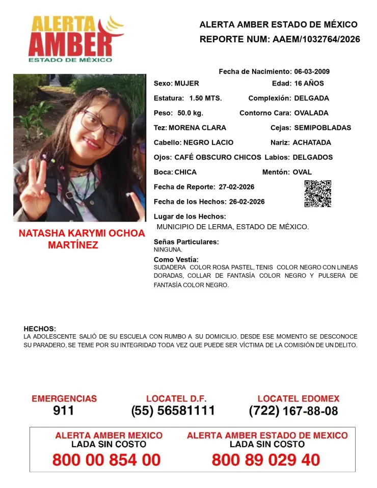 Alerta AMBER Edomex por la desaparición de Natasha Karymi