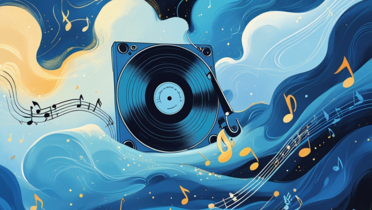 Notas musicales en tonos amarillos, un tocadiscos color negro