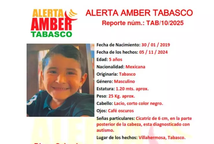 ALERTA AMBER TABASCO: El pequeño Diego Salvador fue visto por última vez en Villahermosa