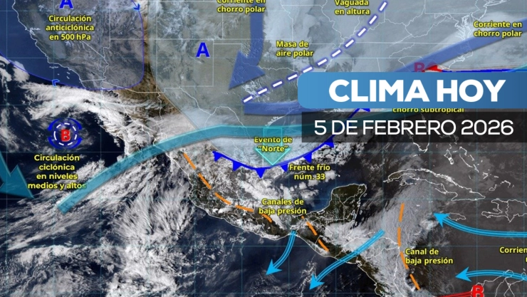 Mapa meteorológico de México con el frente frío número 33, masa de aire polar, evento de Norte y canales de baja presión activos el 5 de febrero de 2026