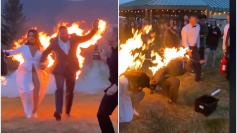 novios boda fuego