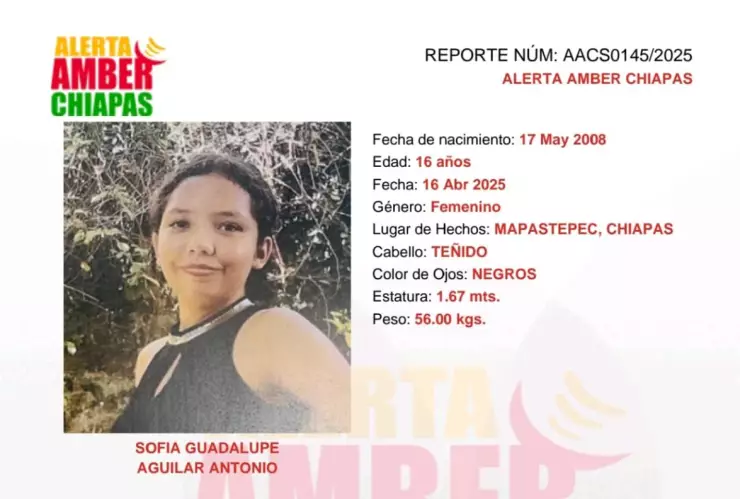 ALERTA AMBER CHIAPAS: Sofía Guadalupe Aguilar Antonio desapareció en Mapastepec