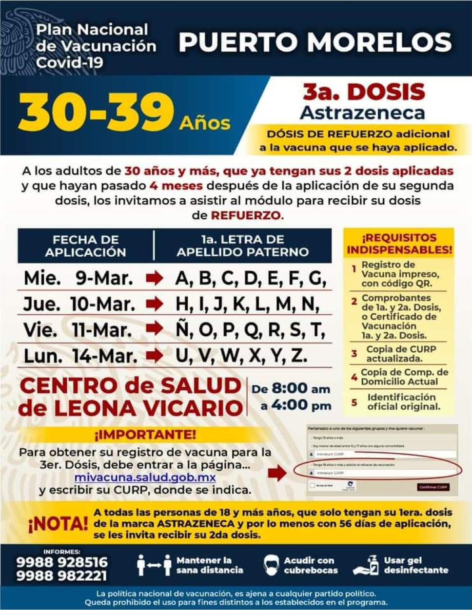 Aplicación de dosis de refuerzo para treintañeros en Puerto Morelos
