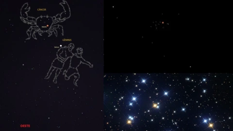 Izquierda: Marte se ubicará arriba de Venus, entre Géminis y Cáncer. Arriba iderecha: fotocomposición de Marte en el Cúmulo de la Colmena a partir de una foto real. Abajo derecha: fragmento de la Colmena