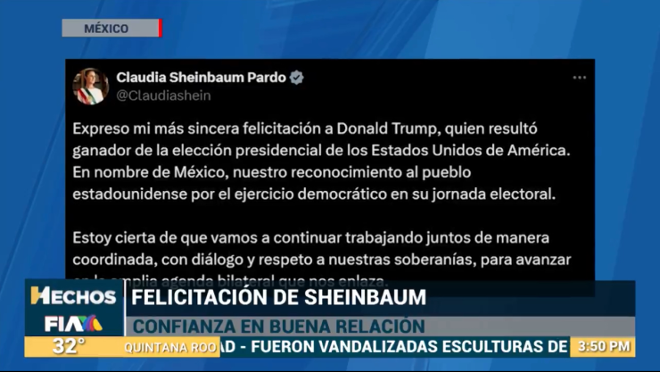 Claudia Sheinbaum felicita a Donald Trump 