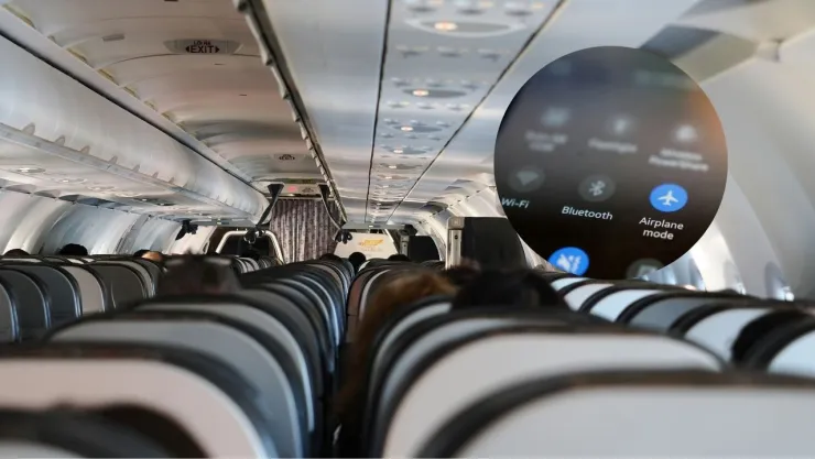 Foto de cabina de avión y de pantalla de teléfono celular.