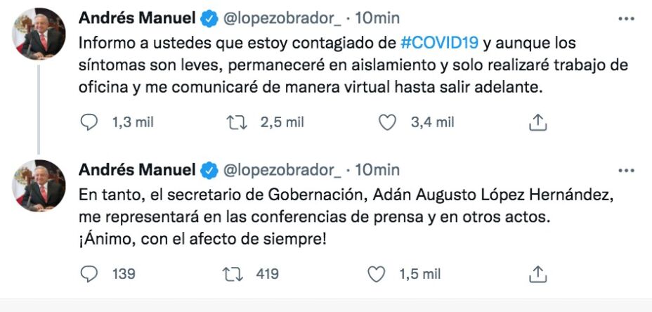 AMLO DA POSITIVO A COVID-19 POR SEGUNDA VEZ