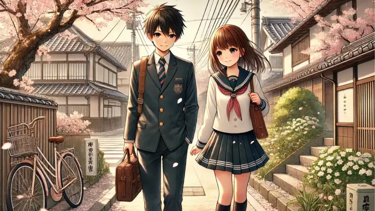 Dos chicos caminan a la escuela por las hermosas calles de Japón