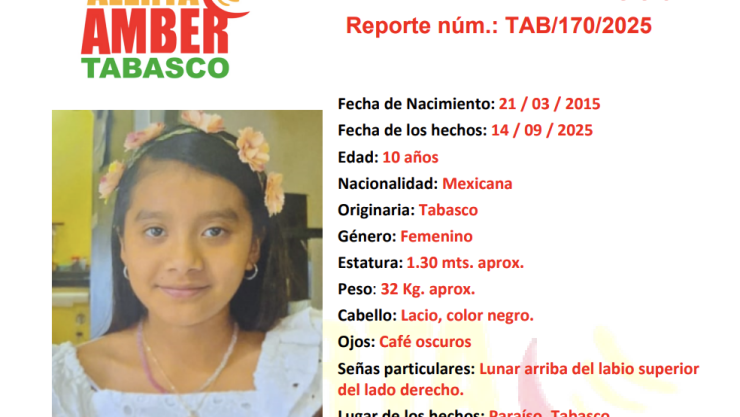 ALERTA AMBER TABASCO: Elizabeth Alcudia Ramírez desapareció en Paraíso