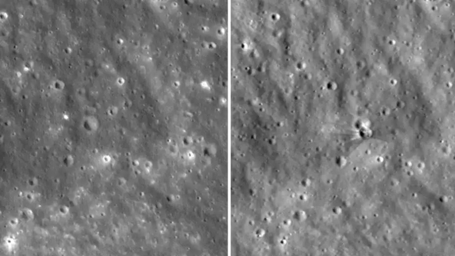 El antes (izquierda) y el después de un cráter reciente en la Luna tras un choque de una nave de SpaceX.