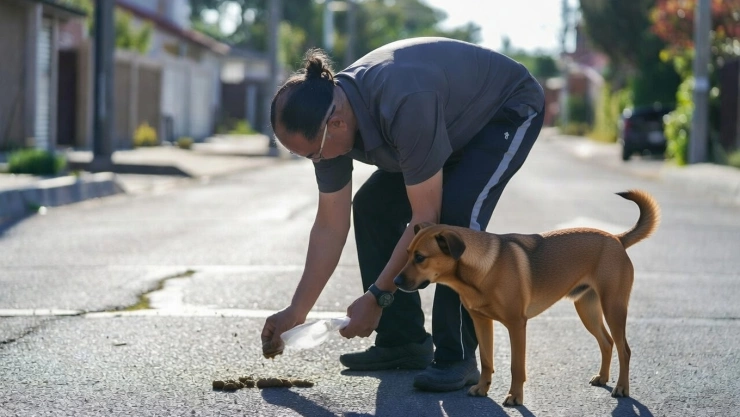 hombre juntando heces de su perro para evitar multas en CDMX