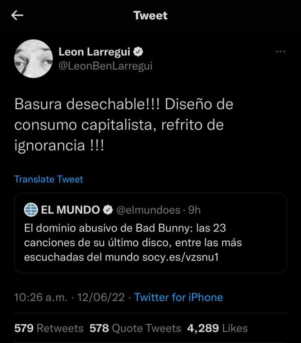 Tweet de leon larregui en contra de bad bunny