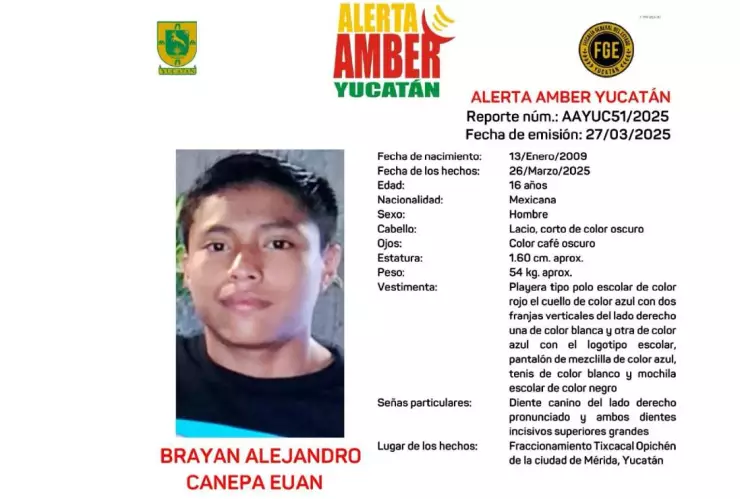 Activan Alerta Amber en Yucatán por DESAPARICIÓN de Brayan Canepa de 16 años